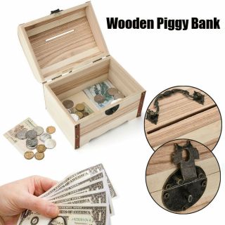 Handmade Wooden Piggy Bank Safe Money Box Savings With Lock Wood Carving Usa