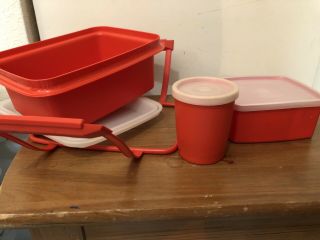 Vintage Tupperware Orange PAK N CARRY Lunch Box Set 2