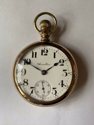 1908 Hamilton 17 Jewels Pocket Watch Grade 924 In 14k Gold Filled Case 18s Runs