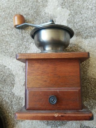 Vintage Wood Cast Iron Hand Crank Coffee Mill Grinder Box Drawer