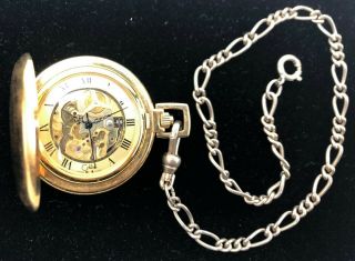 Vintage Colibri 17 Jewel Skeleton Pocket Watch With Chain Swiss Made