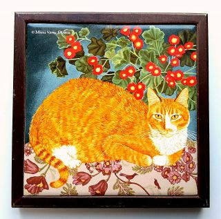Vintage Avon Tabby Cat Tile Trivet In Wood Frame Marmalade Mimi Vang Olsen Euc