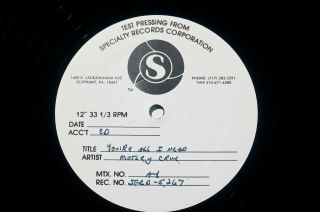 Motley Crue - You’re All I Need,  1987 1 Sided 12” Usa Test Press Vinyl Unplayed