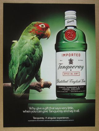 1988 Tanqueray Gin Green Macaw Parrot & Bottle Photo Vintage Print Ad