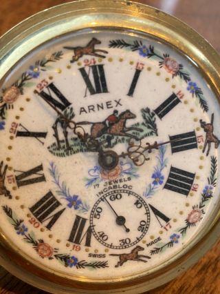 Vintage Arnex 17 Jewels Incabloc Horse Themed Gold Pocket Watch