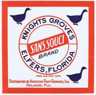 Sans Souci Florida Orange Citrus Label Knights Groves Elfers Fl 9x9