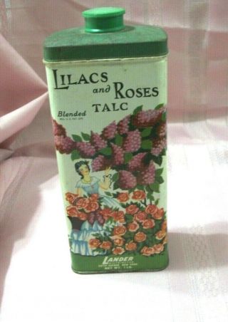 Vintage Collectible Lander Lilacs And Roses Blended Talc Powder Tin Made In Usa
