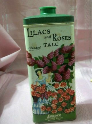 VINTAGE Collectible Lander LILACS and ROSES Blended TALC Powder Tin made in USA 3
