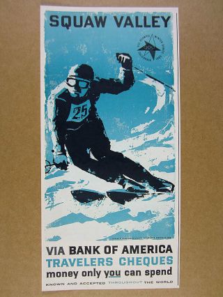 1960 Squaw Valley Skier Ski Art Bank Of America Travelers Checks Vintage Ad