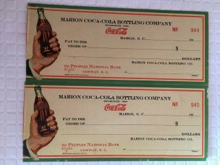 Vintage Marion Coca - Cola Bottling Company Blank Checks 944 - 945 Estate Find