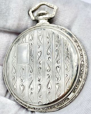 Stunning 12s 17j Art Deco Elgin Pocket Watch Ornate 14k White Gold Filled Case