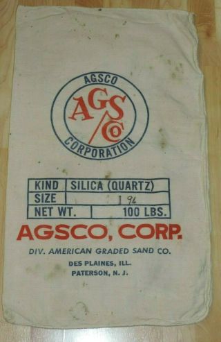 Vintage Agsco Silica Quartz 100 Lb Cloth Bag Sack Agsco Corp Des Plaines Ill