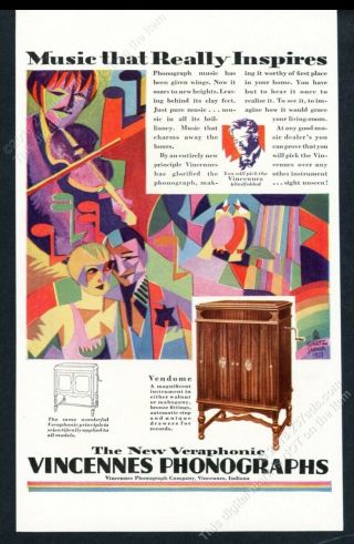 1927 Art Deco Violinist Music Birds Couple Art Vincennes Phonograph Print Ad
