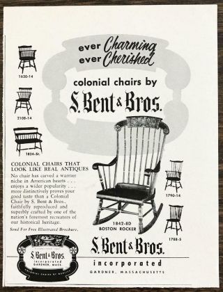 1958 S Bent & Bros Gardner Ma Print Ad Colonial Chairs Boston Rocker