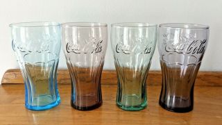 Set Of Four Mcdonalds Coca Cola Glasses Lt.  Blue,  Rose,  Green & Purple