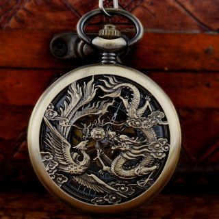 Vintage Dragon Antique Pocket Watch Skeleton Mechanical Chain Retro Fob Windup
