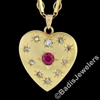 Antique Victorian 14k Gold Red Stone & Diamond Heart Pendant Necklace 19 " Chain