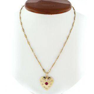 Antique Victorian 14k Gold Red Stone & Diamond Heart Pendant Necklace 19 