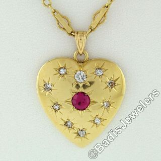 Antique Victorian 14k Gold Red Stone & Diamond Heart Pendant Necklace 19 