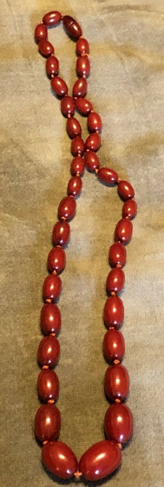 Vintage Art Deco Cherry Amber Bakelite Faturan Barrel Olive Bead Necklace 66g