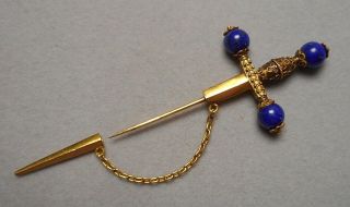 Antique Victorian 18k Gold & Lapis Etruscan Sword Jabot Pin - 2 Part W/ Chain