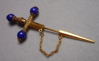 Antique Victorian 18K Gold & Lapis Etruscan Sword Jabot Pin - 2 part w/ chain 2
