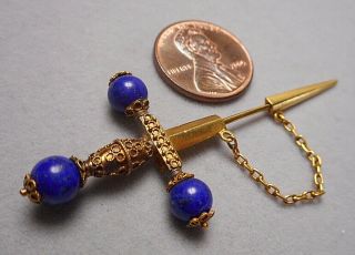Antique Victorian 18K Gold & Lapis Etruscan Sword Jabot Pin - 2 part w/ chain 3