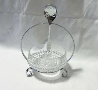 Glass Condiment Dish With Caddy And Spoon England