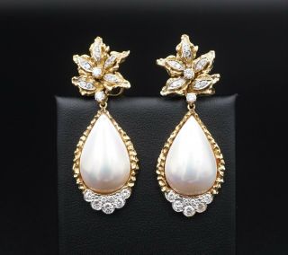 French 18k Yellow Gold Diamond Mabe Pearl Dangle Earrings 2 " Eg1410