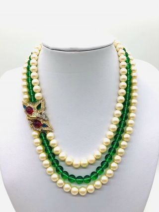 Rare Trifari Alfred Philippe Jewels Of India Pearl Emerald Green Glass Necklace
