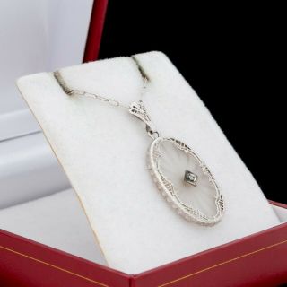 Antique Vintage Art Deco 14k White Gold Diamond Camphor Glass Pendant Necklace