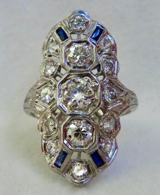 Antique Art Deco 1.  37 Ct.  Old European Diamond & Sapphire Platinum Dinner Ring