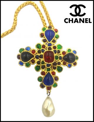 Rare Vintage Signed Chanel Gripoix Glass Faux Pearl Cross Pendant Necklace
