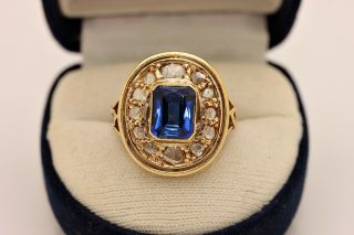 Antique Victorian 18k Gold Rose Cut Diamond And Sapphire Decorated Pretty Ring