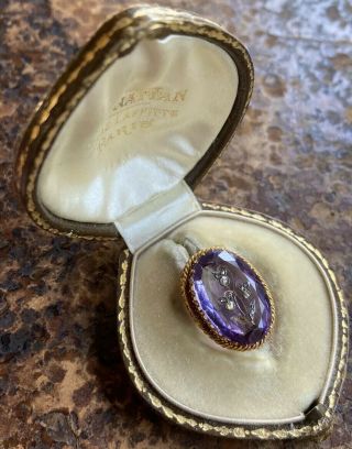 Antique Diamond Amethyst Rose Of Sharon 18k Gold Brooch Box