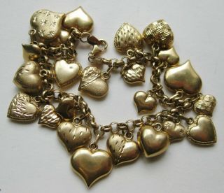 Fine Vintage Milor 14k Yellow Gold Chain Link Puffy Heart Charm Bracelet 16g