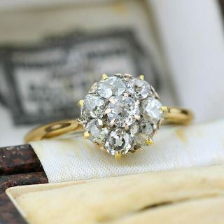 Antique 18ct Yellow Gold And Platinum 1.  01ct Old Cut Diamond Cluster Ring