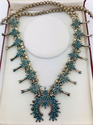 Vtg Zuni Petit Petite Point Sterling Silver Squash Blossom Turquoise Necklace Nr