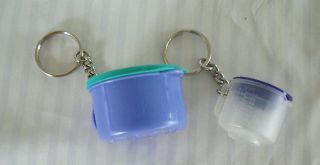 Two Plastic Tupperware Key Chains Purple Bowl And Clear Measuring Cup