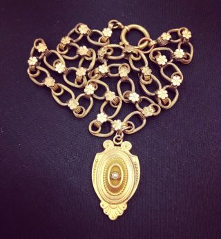 Antique Victorian 10k Gold Gf Floral Book Chain Watch Necklace Etruscan Locket