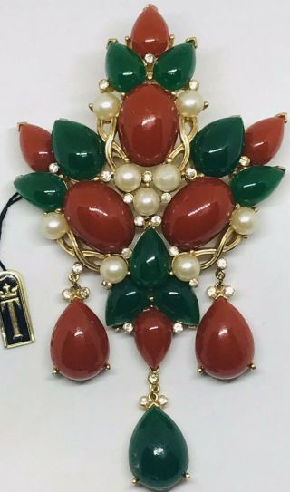 Huge Vintage Trifari Jewels Of India Kashmir Moghul Rare Triple Drop Pin 4”