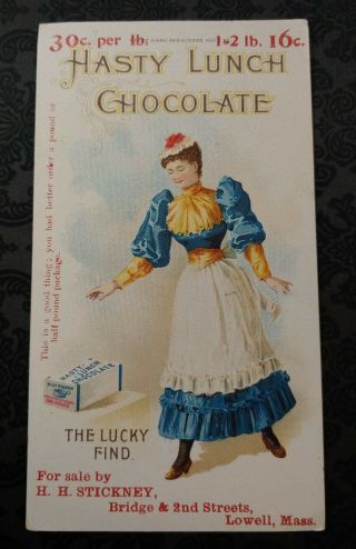 Trade Card Hasty Nlunch Chocolate,  Lowell Ma - " The Lucky Find " Lady W Chocolate