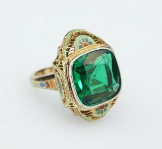 Antique Art Deco 14k Gold Green Crystal Hand Painted Enamel Ring Size 5.  5 Rg2521