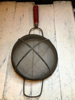 Vintage Large Hand Strainer With Red Wood Handle