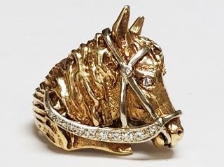 Vintage Solid 14k Yellow Gold Equestrian Horse Head Ring Diamond Harness 13g