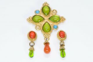 Edouard Rambaud Paris Gold Plated Green Orange Poured Glass Earrings Brooch Set