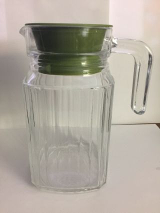 Vintage Glass Syrup Pitcher With Green Plastic Lid 6 " Tall