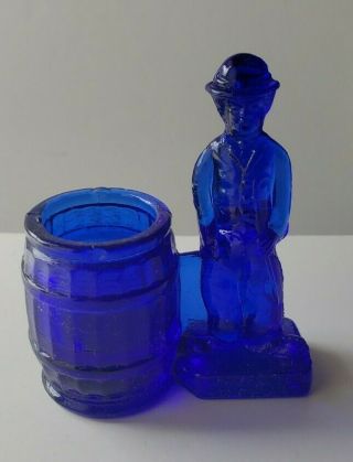Charlie Chaplin Toothpick Holder Candy Container Cobalt Blue Glass Figurine Exc