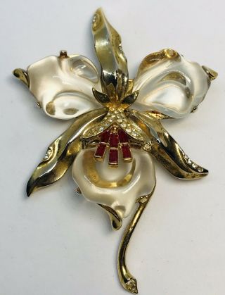 Rare Trifari Alfred Philippe Gold Plated Lucite Jelly Belly Orchid Pin