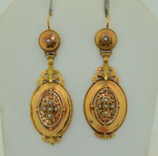 Victorian French 18k Yellow & Rose Gold Earrings With Seed Pearls